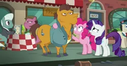 Size: 1524x800 | Tagged: safe, derpibooru import, screencap, brickhouse, lucky breaks, pinkie pie, rarity, unnamed pony, earth pony, pony, unicorn, the gift of the maud pie, butt, cement shoes, female, mafia, male, manehattan, mare, plot, restaurant, stallion, wide eyes