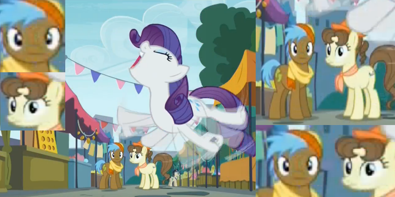 Size: 1435x717 | Tagged: collage, derpibooru import, looking at you, neigh sayer, pegasus olsen, peggy holstein, rarity, safe, screencap, the gift of the maud pie, zoomed in