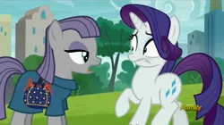 Size: 1273x715 | Tagged: derpibooru import, discovery family logo, freaked out, lip bite, manehattan, maud pie, nervous, pouch, rarity, rock pouch, saddle bag, safe, screencap, sweat, teleportation, the gift of the maud pie, wide eyes