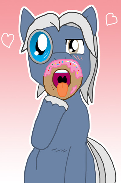 Size: 418x633 | Tagged: artist:adenyne, blushing, bread, derpibooru import, donut, food, innuendo, looking at you, oc, oc:ravenclock, sitting, solo, suggestive, unofficial characters only