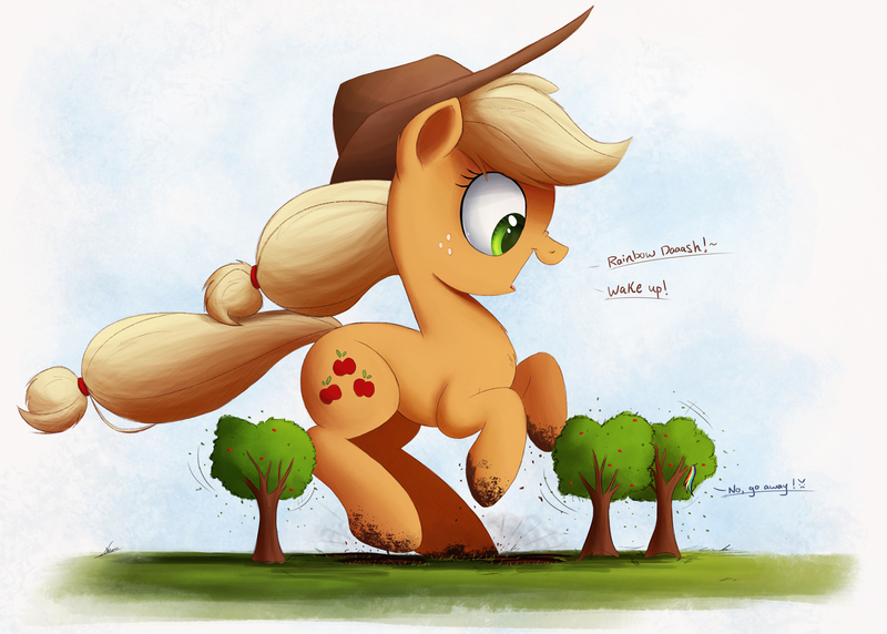 Size: 2000x1430 | Tagged: safe, artist:ncmares, derpibooru import, applejack, rainbow dash, pony, big-apple-pony, cute, dialogue, dirt, dirty, freckles, giant pony, giantess, macro, ncmares is trying to murder us, nose wrinkle, open mouth, silly, silly pony, solo focus, tree