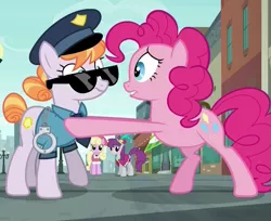 Size: 1055x862 | Tagged: copper top, derpibooru import, luckette, pinkie pie, pinot noir, police officer, police pony, safe, screencap, shiraz, silver berry, the gift of the maud pie, this will end in jail time