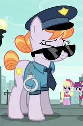 Size: 500x759 | Tagged: safe, derpibooru import, screencap, copper top, luckette, pinot noir, shiraz, silver berry, earth pony, pony, the gift of the maud pie, confused, cuffs, cute, female, frown, police officer, police pony, solo focus, sunglasses, wink