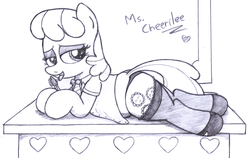 Size: 3000x1900 | Tagged: artist:an-tonio, bedroom eyes, cheerilee, clothes, derpibooru import, female, monochrome, panties, pencil, solo, solo female, stockings, suggestive, traditional art, underwear