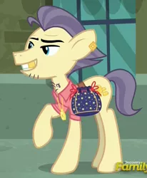 Size: 719x873 | Tagged: bag, belt, chest hair, clothes, cropped, derpibooru import, discovery family logo, earring, gold tooth, manehattan, medallion, piercing, pouch, pouch pony, rock pouch, safe, screencap, shirt, solo, street rat, stubble, the gift of the maud pie