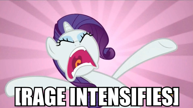 Size: 956x538 | Tagged: angry, caption, derpibooru import, edit, edited screencap, exploitable meme, image macro, meme, open mouth, rage, rage face, rarity, reaction image, safe, screencap, solo, the gift of the maud pie, x intensifies