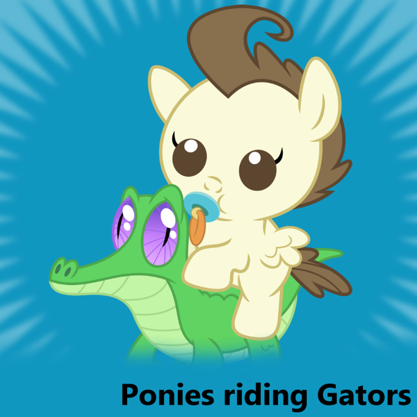 Size: 819x819 | Tagged: safe, derpibooru import, gummy, pound cake, pony, derpibooru, baby, baby pony, cute, gummybetes, meta, pacifier, ponies riding gators, poundabetes, riding, spoilered image joke, tags