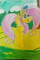 Size: 2151x3204 | Tagged: artist:rosefireflower, basket, color correction, colored pencil drawing, derpibooru import, easter, easter basket, easter egg, eastershy, fluttershy, missing cutie mark, open mouth, safe, solo, spread wings, standing, traditional art