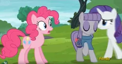 Size: 1401x742 | Tagged: derpibooru import, discovery family logo, maud pie, pinkie pie, pouch, rarity, rock pouch, safe, screencap, smiling, the gift of the maud pie, when she smiles