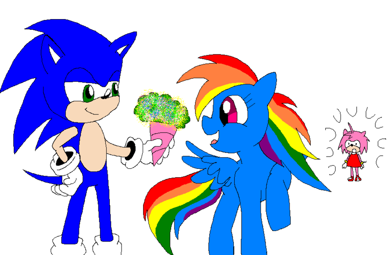 Size: 882x574 | Tagged: amy rose, artist:carol-aredesu, crossover, crossover shipping, derpibooru import, female, interspecies, male, rainbow dash, safe, shipping, simple background, sonicdash, sonic the hedgehog, sonic the hedgehog (series), straight, white background