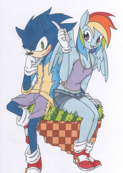 Size: 2500x3501 | Tagged: anthro, artist:mohawkrex, crossover, crossover shipping, derpibooru import, female, interspecies, male, rainbow dash, safe, shipping, sonicdash, sonic the hedgehog, sonic the hedgehog (series), straight