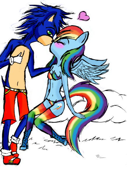 Size: 2550x3509 | Tagged: suggestive, artist:misaspuppy, derpibooru import, rainbow dash, anthro, plantigrade anthro, blushing, crossover, female, heart, interspecies, male, request, shipping, simple background, sonicdash, sonic the hedgehog, sonic the hedgehog (series), straight, transparent background