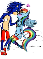 Size: 2550x3509 | Tagged: suggestive, artist:misaspuppy, derpibooru import, rainbow dash, anthro, plantigrade anthro, blushing, crossover, female, heart, interspecies, male, request, shipping, simple background, sonicdash, sonic the hedgehog, sonic the hedgehog (series), straight, transparent background