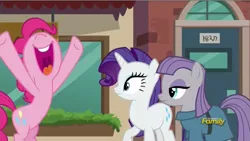 Size: 853x480 | Tagged: safe, derpibooru import, screencap, maud pie, pinkie pie, rarity, the gift of the maud pie, discovery family logo, open mouth, volumetric mouth