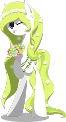 Size: 1437x2633 | Tagged: safe, artist:zacatron94, derpibooru import, oc, oc:daisy chain, unofficial characters only, pony, bipedal, bipedal leaning, bouquet, flat colors, floral head wreath, flower, holding, lineless, looking at you, simple background, solo, tongue out, transparent background, wink
