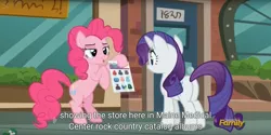 Size: 1920x960 | Tagged: safe, derpibooru import, screencap, pinkie pie, rarity, the gift of the maud pie, discovery family logo, meme, youtube caption