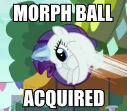 Size: 516x453 | Tagged: behaving like pinkie pie, bouncing, caption, curled up, derpibooru import, image macro, magic, meme, metroid, morph ball, open mouth, rariball, rarity, safe, screencap, smiling, solo, the gift of the maud pie, tree