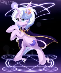 Size: 1600x1910 | Tagged: safe, artist:spookyle, derpibooru import, oc, oc:moondust, unofficial characters only, classical unicorn, pony, unicorn, cape, clothes, female, leonine tail, magic, magic circle, mare, rearing, runes, solo