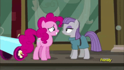Size: 512x288 | Tagged: animated, derpibooru import, discovery family, discovery family logo, edit, edited screencap, hug, image macro, maud pie, meme, pinkie pie, reaction image, safe, screencap, text, the gift of the maud pie