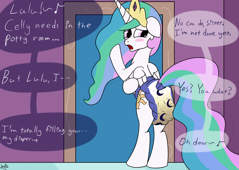 Size: 1400x1000 | Tagged: accident, artist:spritepony, bathroom denial, derpibooru import, desperation, diaper, diaper fetish, implied princess luna, messing, messy diaper, need to pee, omorashi, pissing, poop, pooping, poopy diaper, potty time, princess celestia, princess luna, questionable, scat, urine, wet diaper, wetting