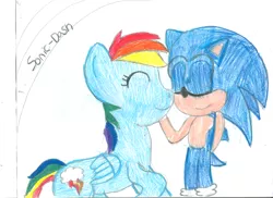 Size: 2340x1700 | Tagged: artist:superdupertails, crossover, crossover shipping, derpibooru import, eyes closed, female, interspecies, male, rainbow dash, safe, shipping, sonicdash, sonic the hedgehog, sonic the hedgehog (series), straight, traditional art