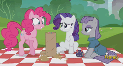 Size: 1274x681 | Tagged: safe, derpibooru import, screencap, maud pie, pinkie pie, rarity, the gift of the maud pie, animated, confetti, discovery family logo, loop, pouch, rock pouch, trotting, trotting in place