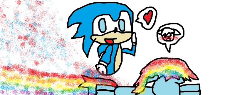 Size: 1331x543 | Tagged: safe, artist:squ33furtheships, derpibooru import, rainbow dash, pony, 1000 hours in ms paint, blushing, crossover, female, heart, interspecies, male, riding, sanic, shipping, sonic the hedgehog, sonic the hedgehog (series), sonicdash, speech bubble, straight, wingless