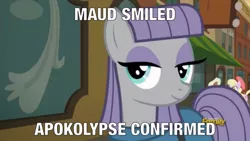 Size: 800x450 | Tagged: safe, derpibooru import, edit, edited screencap, screencap, beaude mane, luckette, maud pie, earth pony, pony, the gift of the maud pie, background pony, caption, female, image macro, male, mare, meme, misspelling, smiling, solo focus, stallion, when she smiles