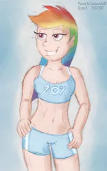 Size: 1000x1600 | Tagged: 20% cooler, artist:scobionicle99, belly button, bikini, breasts, clothes, derpibooru import, human, humanized, midriff, rainbow dash, solo, sports, suggestive, swimsuit