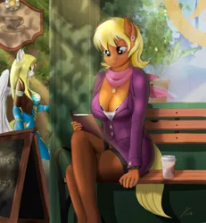 Size: 1750x1890 | Tagged: safe, artist:kasaler, derpibooru import, ms. harshwhinny, surprise, anthro, earth pony, pegasus, bench, beverage, bra, breasts, busty ms. harshwhinny, busty surprise, cafe, cleavage, clothes, cougar, crossed legs, ear piercing, earring, female, jewelry, legs, mare, nail polish, outdoors, outfit, piercing, ring, skirt, skirt lift, skirt suit, stockings, suit, surprisamena, underwear, unprofessional, watch, wonderbolts uniform, wristwatch
