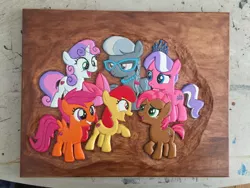 Size: 1024x768 | Tagged: apple bloom, artist:spikefiremane, babs seed, commission, cutie mark, cutie mark crusaders, derpibooru import, diamond tiara, open mouth, safe, scootaloo, silver spoon, sweetie belle, the cmc's cutie marks, woodwork