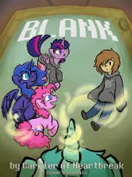 Size: 2751x3669 | Tagged: safe, artist:enamis, derpibooru import, lyra heartstrings, pinkie pie, princess luna, twilight sparkle, twilight sparkle (alicorn), oc, oc:ryan burbank, alicorn, human, pony, fanfic, blank, clothes, cover art, fanfic art, fanfic cover, female, hoodie, magic, mare, operator symbol