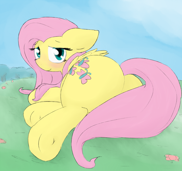 Size: 1600x1500 | Tagged: suggestive, artist:candel, derpibooru import, fluttershy, pony, blushing, colored, covering, cute, female, flutterbutt, looking at you, plot, scenery, shyabetes, smiling, solo, solo female, tail covering, underhoof