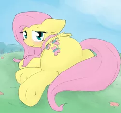 Size: 1600x1500 | Tagged: suggestive, artist:candel, derpibooru import, fluttershy, pony, blushing, colored, covering, cute, female, flutterbutt, looking at you, plot, scenery, shyabetes, smiling, solo, solo female, tail covering, underhoof