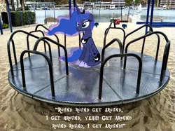 Size: 1600x1195 | Tagged: beach, cute, derpibooru import, i get around, irl, lyrics, marina, merry-go-round, photo, playground, ponies in real life, princess luna, safe, song reference, text, the beach boys, vector