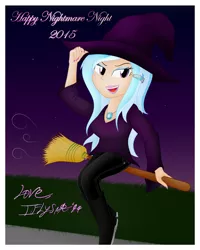 Size: 2855x3573 | Tagged: broom, clothes, costume, derpibooru import, flying, flying broomstick, halloween, human, humanized, nail polish, nightmare night, open mouth, safe, sitting, smiling, solo, trixie, witch