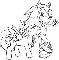 Size: 1632x1656 | Tagged: artist:akemi-akatsuki, artist:chibi-jen-hen, crossover, crossover shipping, derpibooru import, female, interspecies, male, monochrome, rainbow dash, safe, shipping, sonicdash, sonic the hedgehog, sonic the hedgehog (series), straight, traditional art