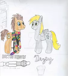 Size: 1024x1132 | Tagged: safe, artist:superiorspider-pup45, derpibooru import, derpy hooves, doctor whooves, time turner, pegasus, pony, clothes, doctor who, doctorderpy, female, male, mare, scarf, shipping, sketch, sonic screwdriver, straight, tardis