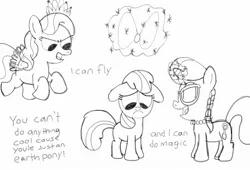 Size: 1799x1224 | Tagged: safe, artist:pepsi twist, derpibooru import, apple bloom, diamond tiara, silver spoon, earth pony, pegasus, pony, unicorn, abuse, accessory theft, alternate universe, bullying, female, filly, flying, glasses, glowing horn, horn, jewelry, magic, monochrome, mud pony, necklace, out of character, pegasus master race, race swap, racism, simple background, telekinesis, trio, unicorn master race, white background