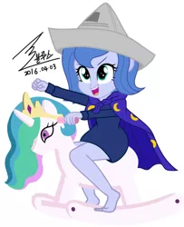 Size: 900x1106 | Tagged: safe, artist:bluse, derpibooru import, princess celestia, princess luna, equestria girls, background removed, filly, hat, paper hat, rocking horse, show accurate, signature, simple background, solo, vice principal luna, white background, woona, younger