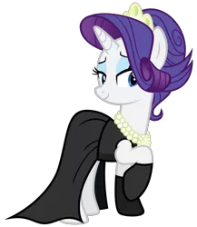Size: 2600x3000 | Tagged: safe, artist:cheezedoodle96, derpibooru import, rarity, pony, the gift of the maud pie, .svg available, alternate hairstyle, audrey hepburn, bedroom eyes, black dress, breakfast at tiffany's, clothes, dress, evening gloves, female, gloves, gown, holly golightly, little black dress, mare, necklace, pearl necklace, simple background, smiling, solo, svg, tiara, transparent background, vector