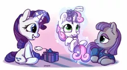 Size: 1800x1000 | Tagged: safe, artist:bobdude0, derpibooru import, maud pie, rarity, sweetie belle, earth pony, pony, unicorn, the gift of the maud pie, clothes, cute, diasweetes, female, filly, magic, mare, maudabetes, present, raribetes, sisters, smiling