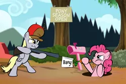 Size: 1500x1000 | Tagged: artist:dan232323, bang, bugs bunny, carrot, crossover, derpibooru import, derpy hooves, eating, elmer fudd, food, gun, hat, looney tunes, mailbox, parody, pinkie pie, rifle, safe, text, weapon