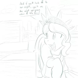 Size: 700x700 | Tagged: artist:goat train, derpibooru import, dialogue, macro, monochrome, safe, sketch, statue of liberty, the gift of the maud pie, tour