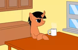 Size: 999x639 | Tagged: safe, artist:prism note, derpibooru import, oc, oc:prism note, unofficial characters only, pony, unicorn, coffee, coffee mug, dining room, dining table, food