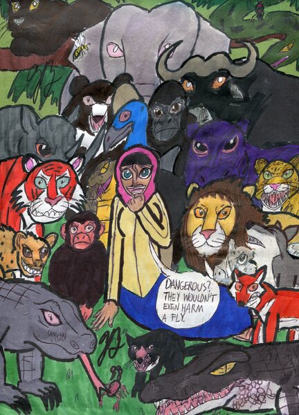 Size: 2448x3401 | Tagged: anaconda, artist:gorokai, bear, bee, big cat, black widow, boar, cape buffalo, cassowary, chimpanzee, cobra, crocodile, derpibooru import, dhole, elephant, fluttershy, gorilla, hijab, hippopotamus, human, humanized, hyena, islam, islamashy, jaguar (animal), komodo dragon, leopard, lion, rhinoceros, safe, scorpion, snake, speech bubble, spider, tasmanian devil, text, tiger, traditional art