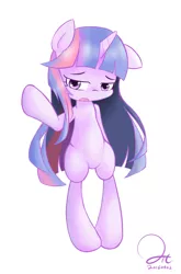 Size: 1600x2423 | Tagged: safe, artist:aitureria, derpibooru import, twilight sparkle, pony, bipedal, cute, floppy ears, half-humanized, long hair, long mane, shy, simple background, solo, standing