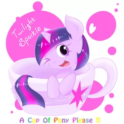 Size: 1024x1024 | Tagged: safe, artist:aitureria, derpibooru import, twilight sparkle, pony, cup, cup of pony, cute, heart, micro, simple background, smiling, solo, twiabetes, wink