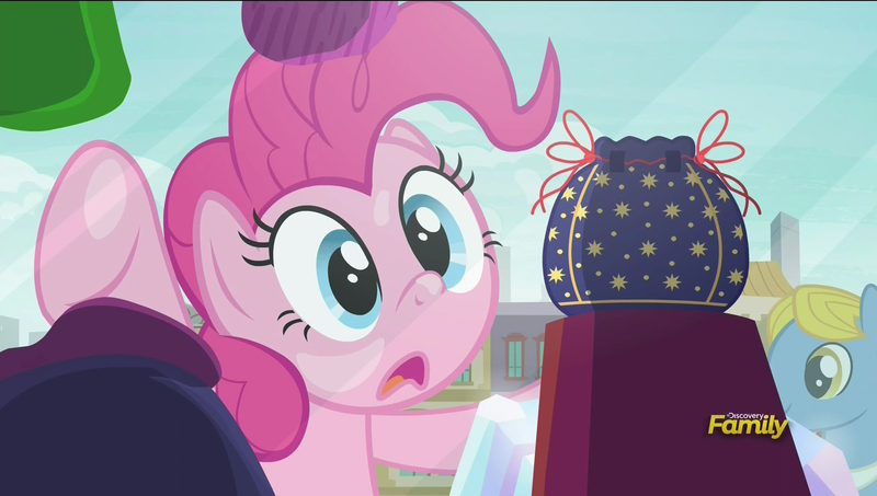 Size: 1920x1088 | Tagged: safe, derpibooru import, screencap, pinkie pie, the gift of the maud pie, against glass, discovery family logo, glass, pouch, rock pouch, window