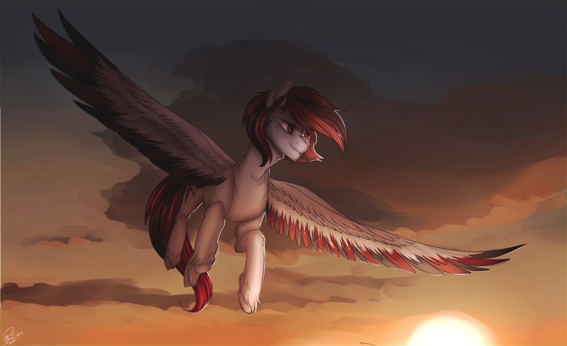 Size: 1024x626 | Tagged: safe, artist:orfartina, derpibooru import, oc, unofficial characters only, pegasus, pony, cloud, colored wings, colored wingtips, flying, large wings, multicolored wings, sky, solo, spread wings, sunset, unshorn fetlocks, wings